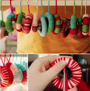 Home made baby proof decorations made from yarn, shown hanging and being made